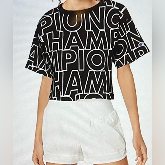 Women's Champion Heritage Cropped Tee, All Over Logo Big Block Text Outline Blac - Picture 2 of 11
